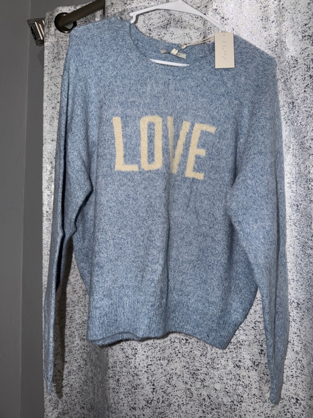 Z Supply Light Blue 'LOVE' Crewneck Sweater with Cream Lettering